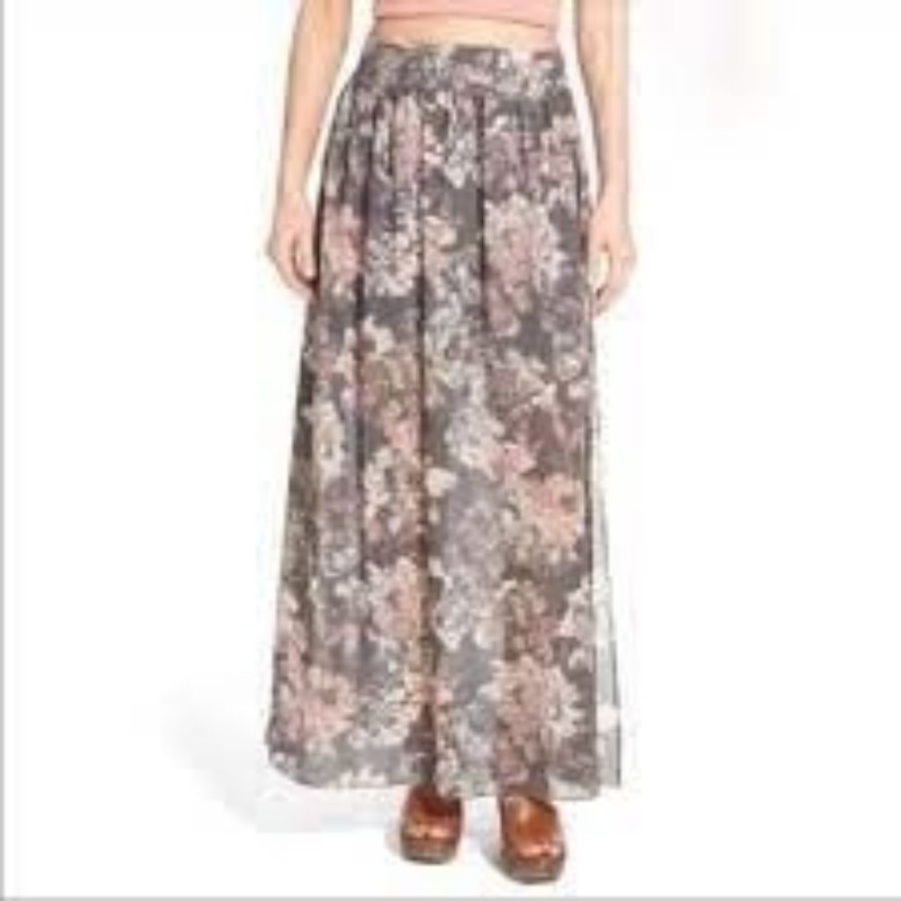 Leith Womens Floral Print Elastic Waist Pleated Midi Maxi Skirt Gray Size XS